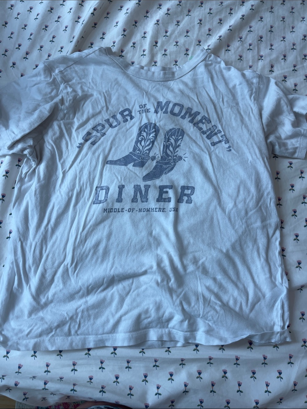 American Eagle Outfitters White Short Sleeve Graphic Tee with Blue Print